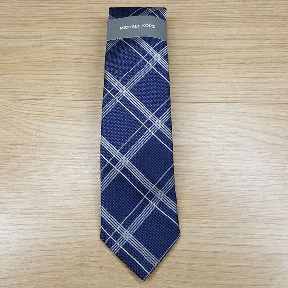 MICHAEL KORS Mens Neck Tie Blue Check Plaid Classic Pointed Silk Blend - Picture 2 of 6